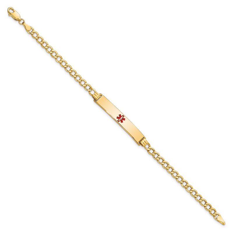 14K Yellow Gold Medical Semi Solid Chain/Solid Plate 34X6mm Centered Red Enamel Curb Link 8 Inch Id Bracelet
