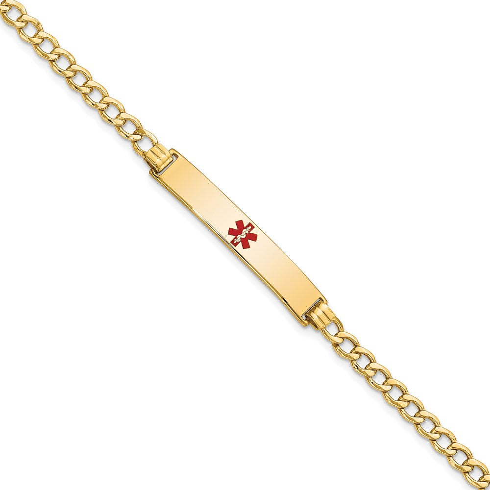 14K Yellow Gold Medical Semi Solid Chain/Solid Plate 34X6mm Centered Red Enamel Curb Link 8 Inch Id Bracelet