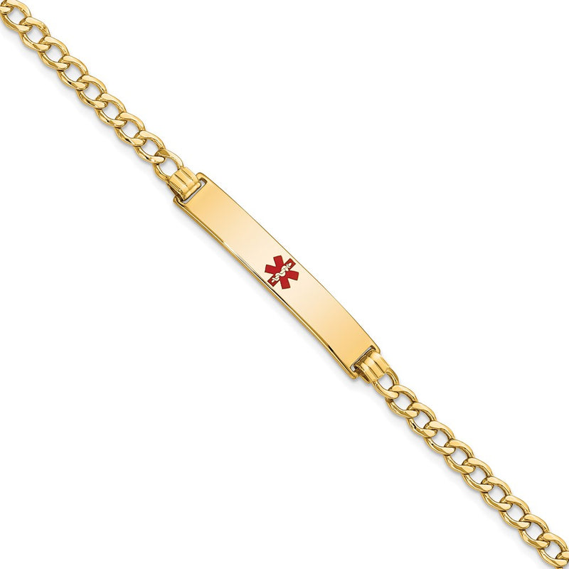 14K Yellow Gold Medical Semi Solid Chain/Solid Plate 34X6mm Centered Red Enamel Curb Link 8 Inch Id Bracelet