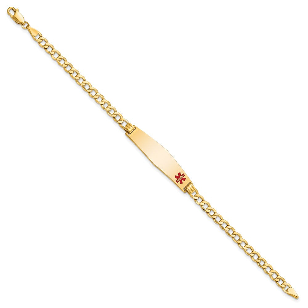 14K Yellow Gold Medical Semi Solid Chain/Solid Plate Soft Diamond Shape 34X8mm Off Center Red Enamel Curb Link 8 Inch Id Bracelet