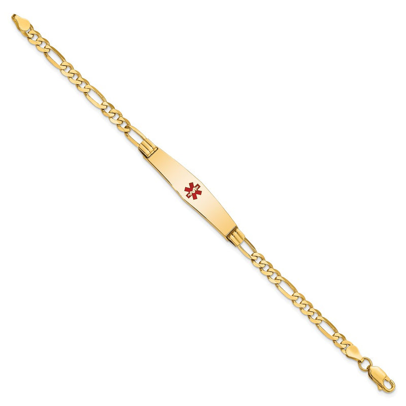 14K Yellow Gold Medical Solid Chain/Solid Plate Soft Diamond Shape 36X9mm Centered Red Enamel Figaro Link 8 Inch Id Bracelet