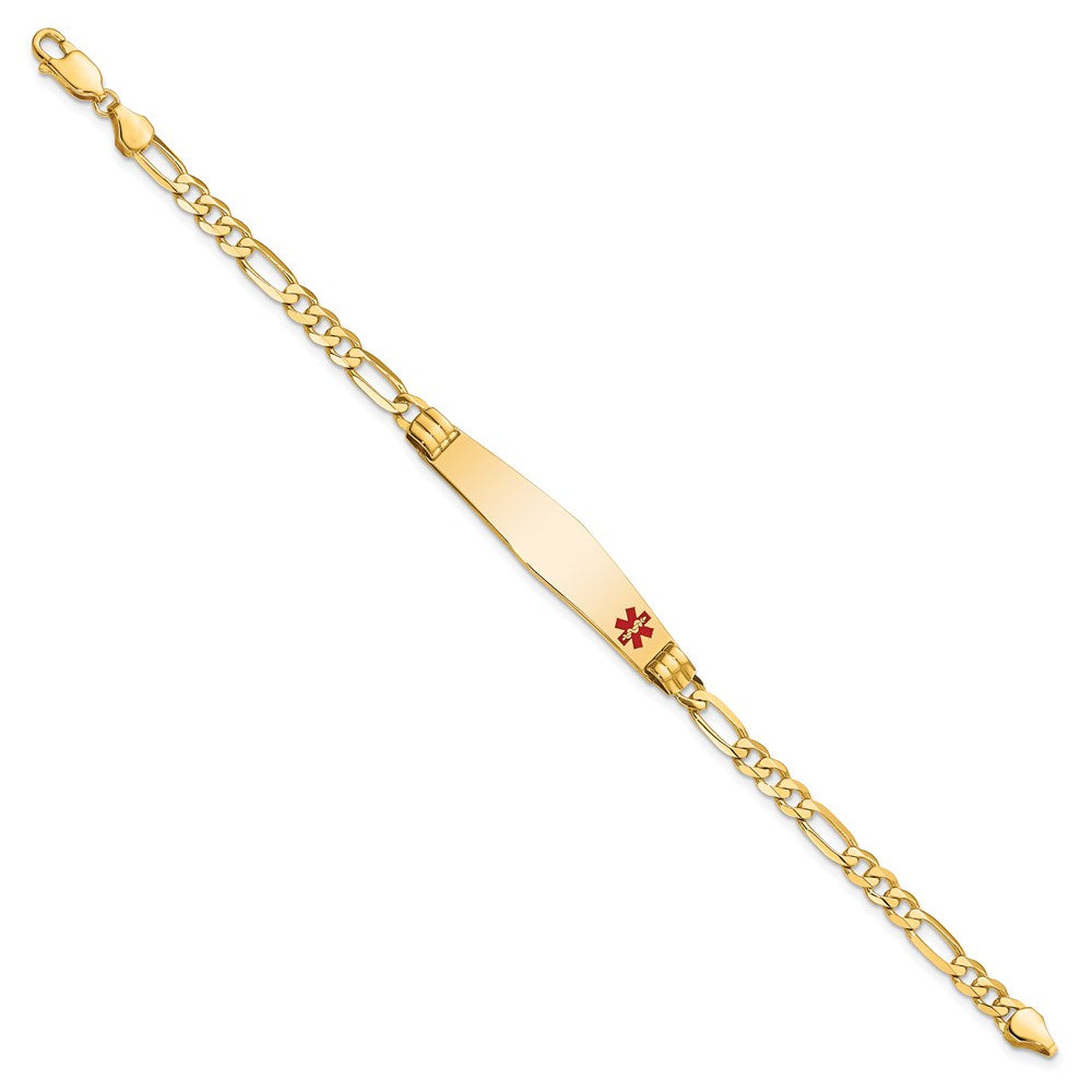 14K Yellow Gold Medical Solid Chain/Solid Plate Soft Diamond Shape 36X9mm Off Center Red Enamel Figaro Link 7 Inch Id Bracelet