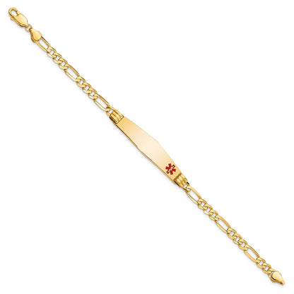 14K Yellow Gold Medical Solid Chain/Solid Plate Soft Diamond Shape 36X9mm Off Center Red Enamel Figaro Link 7 Inch Id Bracelet