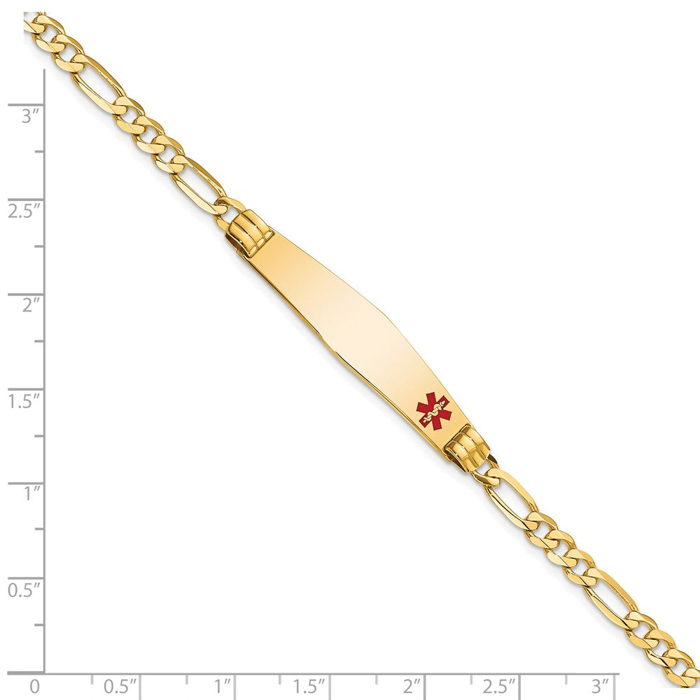 14K Yellow Gold Medical Solid Chain/Solid Plate Soft Diamond Shape 36X9mm Off Center Red Enamel Figaro Link 7 Inch Id Bracelet