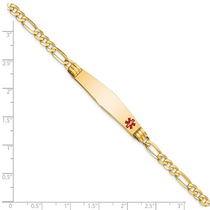 14K Yellow Gold Medical Solid Chain/Solid Plate Soft Diamond Shape 36X9mm Off Center Red Enamel Figaro Link 7 Inch Id Bracelet