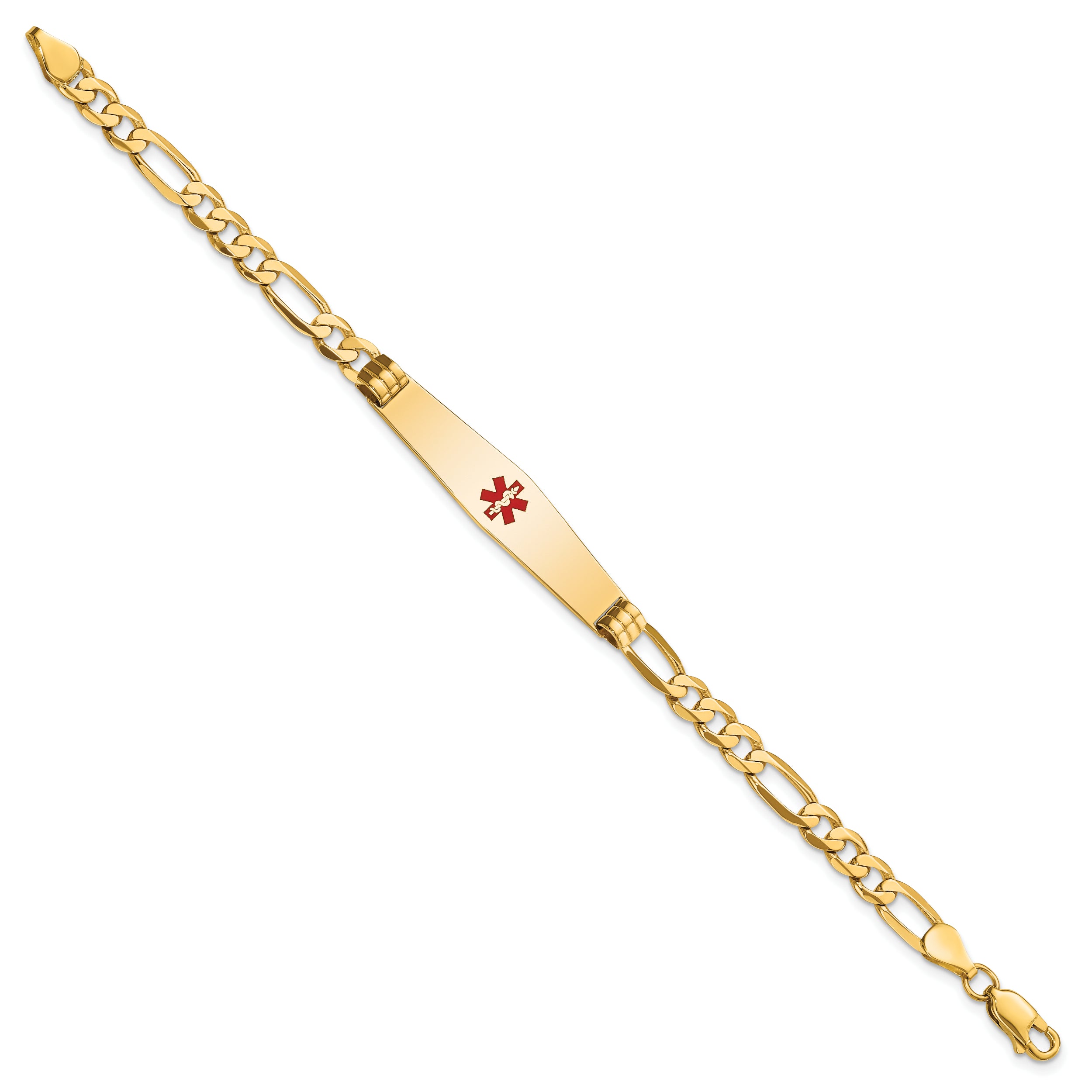 14K Yellow Gold Medical Solid Chain/Solid Plate Soft Diamond Shape 36X9mm Centered Red Enamel Flat Figaro Link 7 Inch Id Bracelet