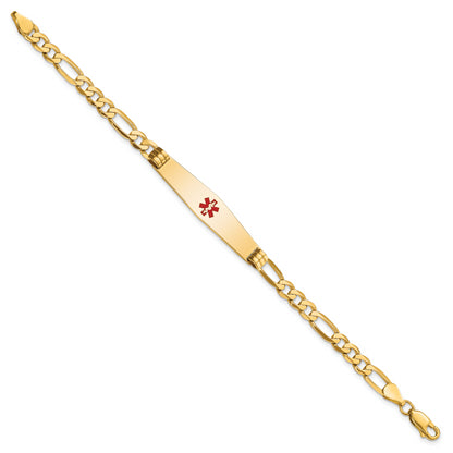 14K Yellow Gold Medical Solid Chain/Solid Plate Soft Diamond Shape 36X9mm Centered Red Enamel Flat Figaro Link 7 Inch Id Bracelet