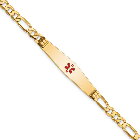 14K Yellow Gold Medical Solid Chain/Solid Plate Soft Diamond Shape 36X9mm Centered Red Enamel Flat Figaro Link 7 Inch Id Bracelet