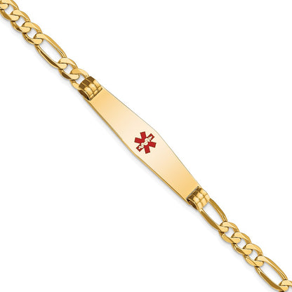 14K Yellow Gold Medical Solid Chain/Solid Plate Soft Diamond Shape 36X9mm Centered Red Enamel Flat Figaro Link 7 Inch Id Bracelet