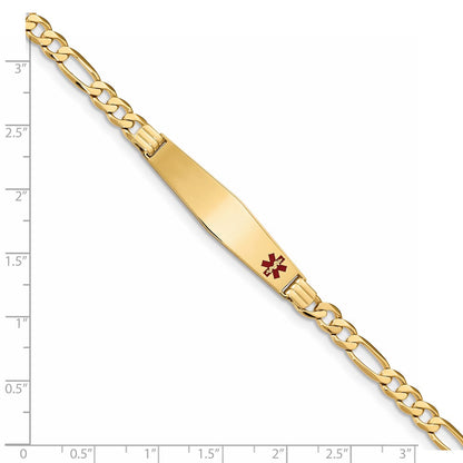 14K Yellow Gold Medical Solid Chain/Solid Plate Soft Diamond Shape 36X9mm Off Center Red Enamel Flat Figaro Link 8 Inch Id Bracelet