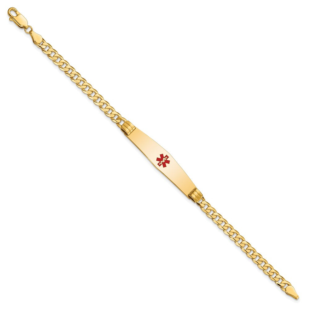 14K Yellow Gold Medical Solid Chain/Solid Plate Soft Diamond Shape 36X9mm Centered Red Enamel Curb Link 7 Inch Id Bracelet