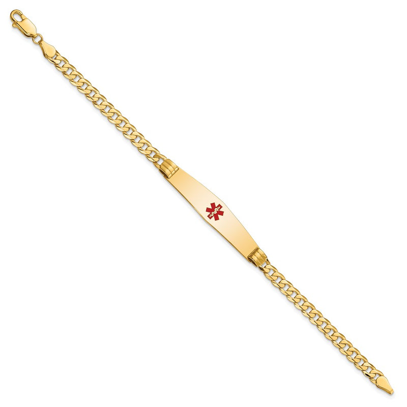 14K Yellow Gold Medical Solid Chain/Solid Plate Soft Diamond Shape 36X9mm Centered Red Enamel Curb Link 7 Inch Id Bracelet
