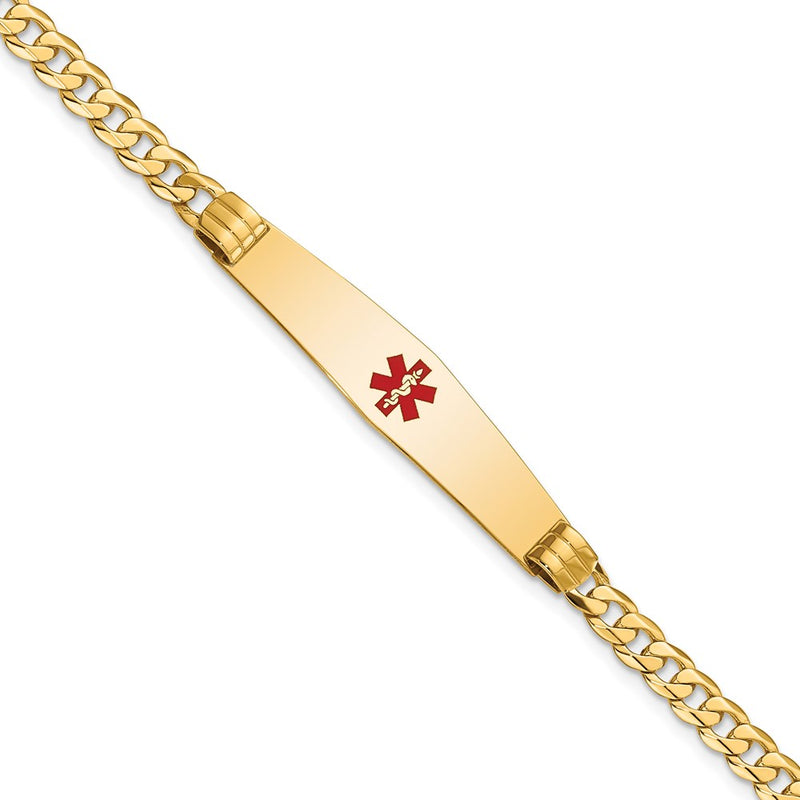 14K Yellow Gold Medical Solid Chain/Solid Plate Soft Diamond Shape 36X9mm Centered Red Enamel Curb Link 7 Inch Id Bracelet