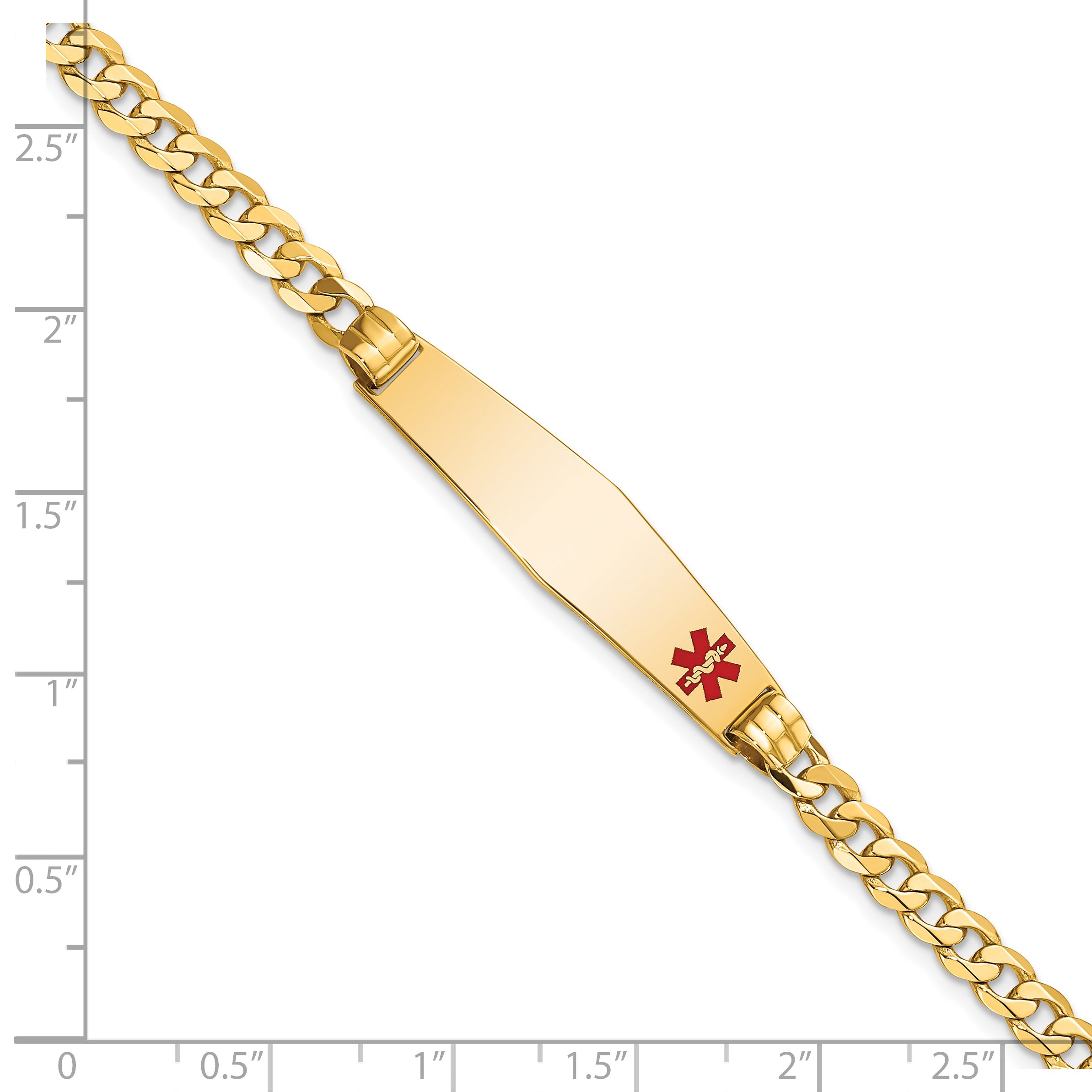 14K Yellow Gold Medical Solid Chain/Solid Plate Soft Diamond Shape 36X9mm Off Center Red Enamel Curb Link 7 Inch Id Bracelet