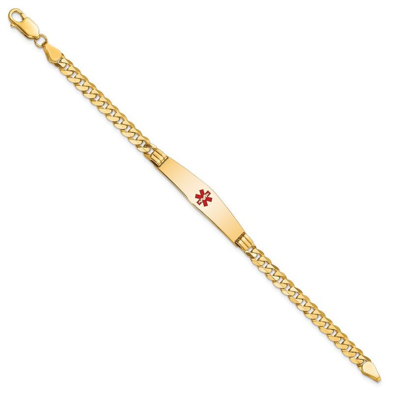 14K Yellow Gold Medical Solid Chain/Solid Plate Soft Diamond Shape 36X9mm Centered Red Enamel Curb Link 8 Inch Id Bracelet