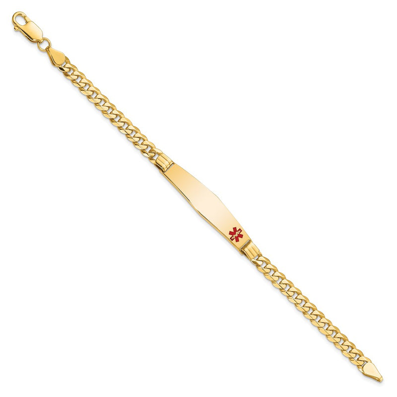 14K Yellow Gold Medical Solid Chain/Solid Plate Soft Diamond Shape 36X9mm Off Center Red Enamel Curb Link 8 Inch Id Bracelet