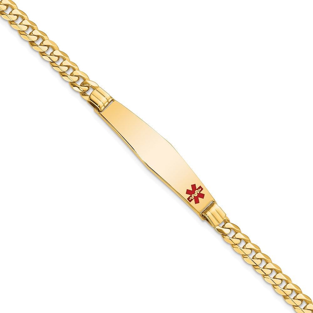 14K Yellow Gold Medical Solid Chain/Solid Plate Soft Diamond Shape 36X9mm Off Center Red Enamel Curb Link 8 Inch Id Bracelet