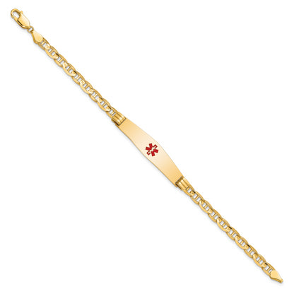 14K Yellow Gold Medical Solid Chain/Solid Plate Soft Diamond Shape 36X9mm Centered Red Enamel Anchor Link 7 Inch Id Bracelet