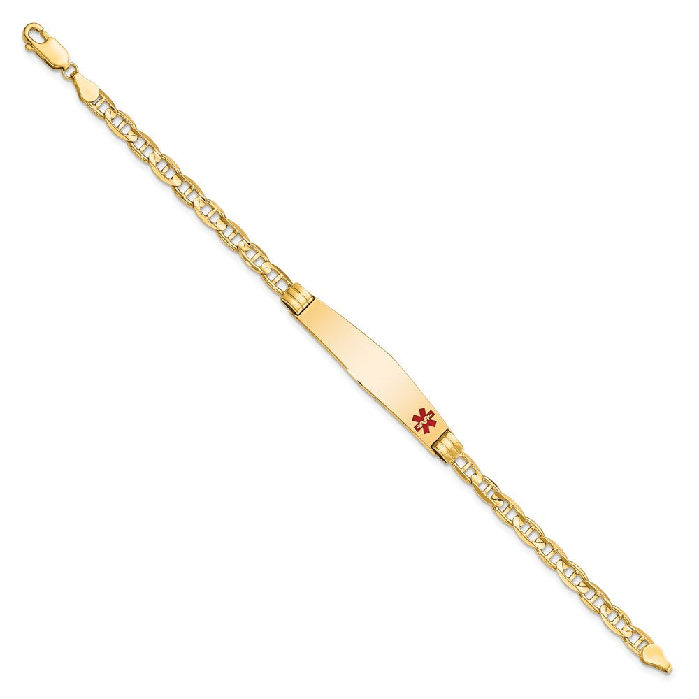 14K Yellow Gold Medical Solid Chain/Solid Plate Soft Diamond Shape 36X9mm Off Center Red Enamel Anchor Link 8 Inch Id Bracelet