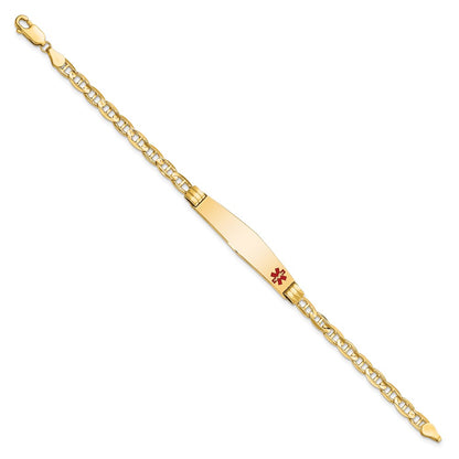 14K Yellow Gold Medical Solid Chain/Solid Plate Soft Diamond Shape 36X9mm Off Center Red Enamel Anchor Link 8 Inch Id Bracelet