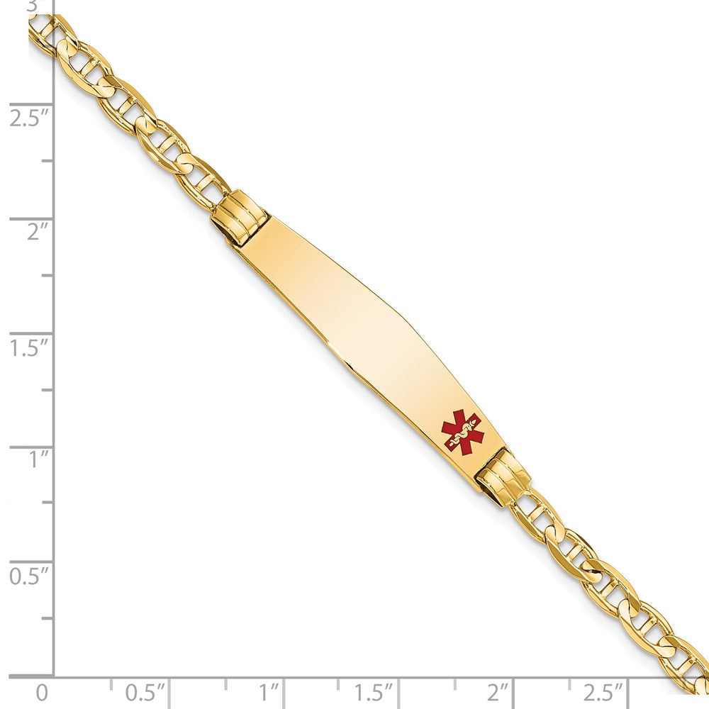 14K Yellow Gold Medical Solid Chain/Solid Plate Soft Diamond Shape 36X9mm Off Center Red Enamel Anchor Link 8 Inch Id Bracelet