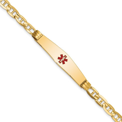 14K Yellow Gold Medical Solid Chain/Solid Plate Soft Diamond Shape 36X9mm Centered Red Enamel Anchor Link 7 Inch Id Bracelet