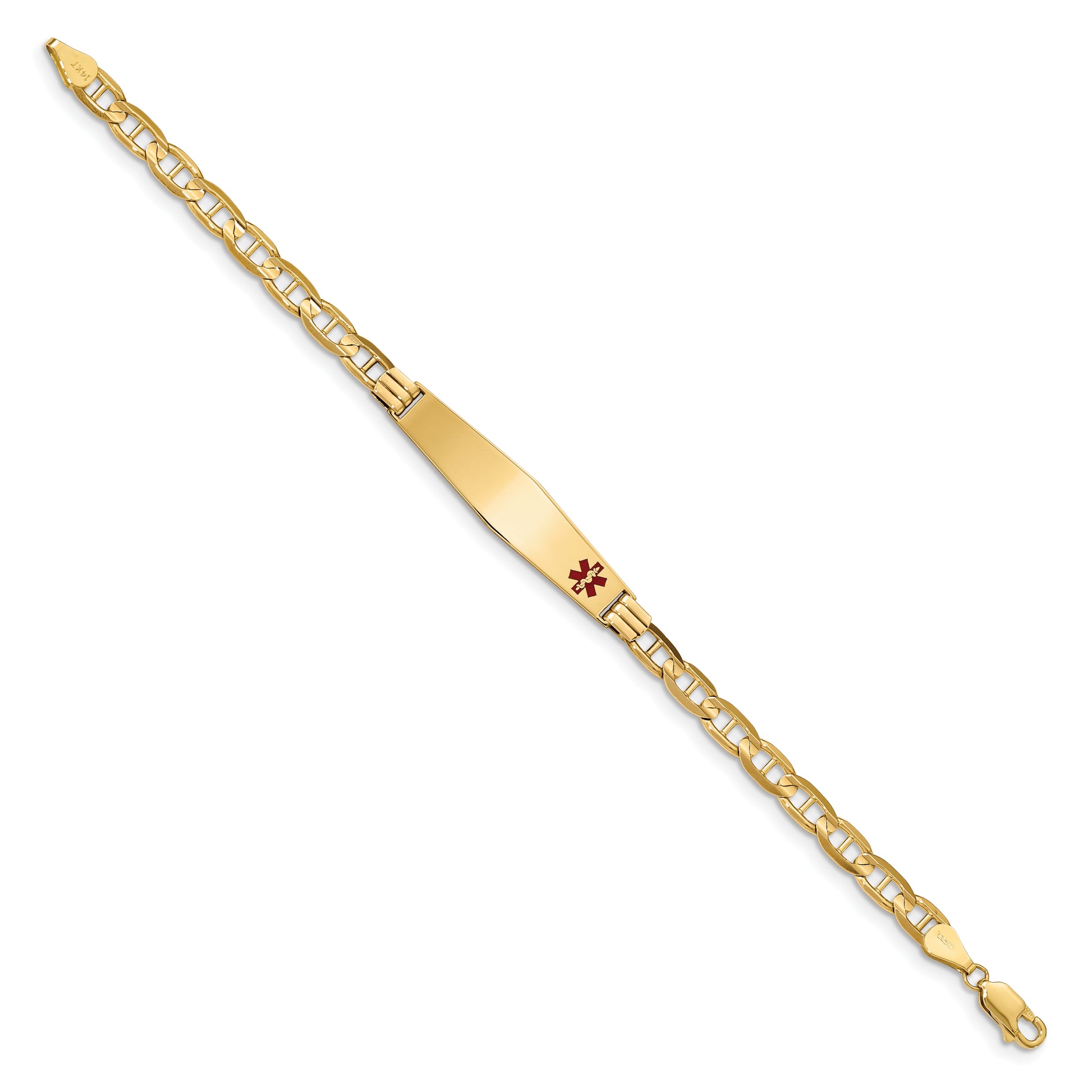 14K Yellow Gold Medical Solid Chain/Solid Plate Soft Diamond Shape 37X9mm Off Center Red Enamel Anchor Link 8 Inch Id Bracelet