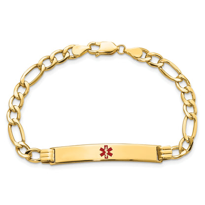 14K Yellow Gold Medical Semi Solid Chain/Solid Plate 37X6mm Centered Red Enamel Figaro Link 7 Inch Id Bracelet
