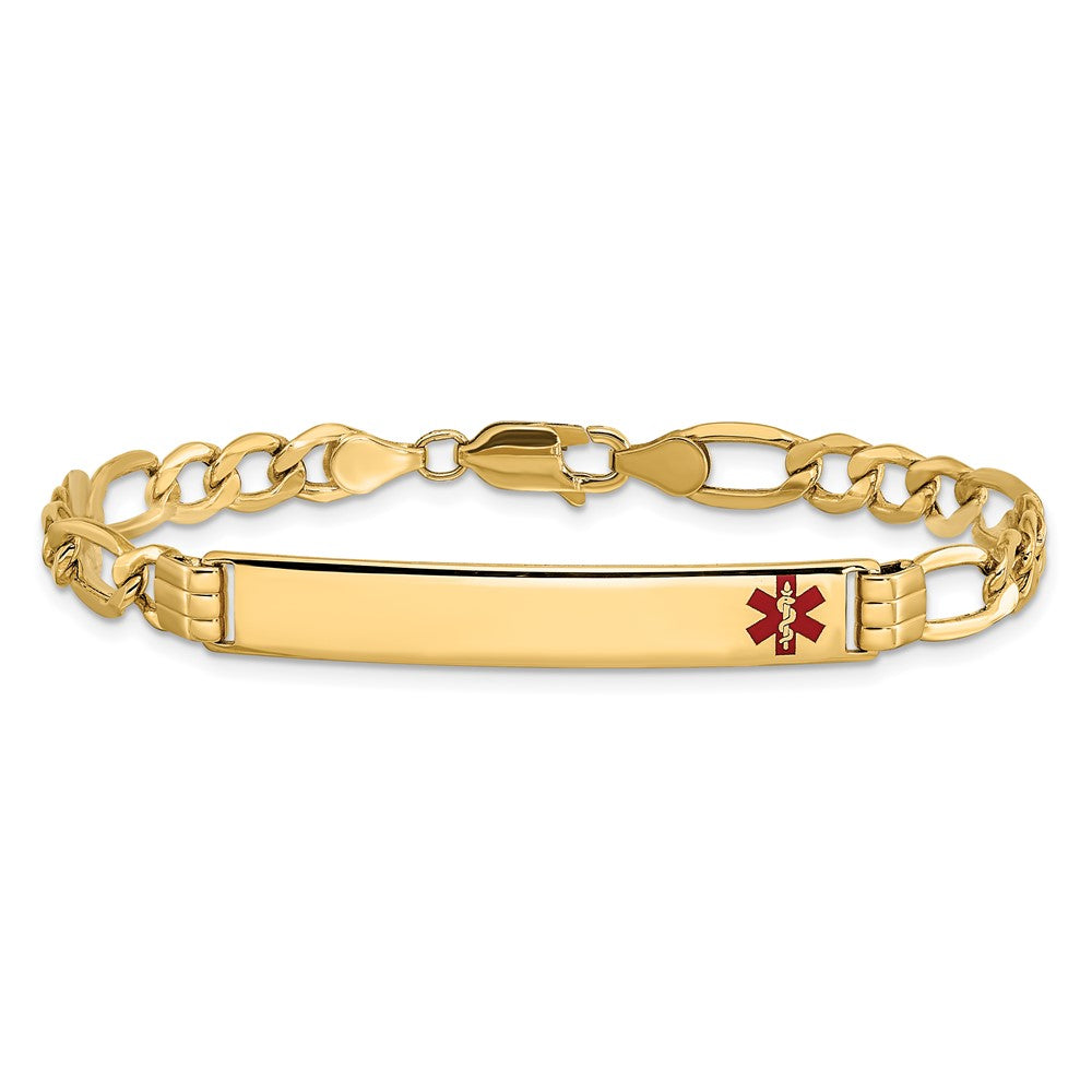 14K Yellow Gold Medical Semi Solid Chain/Solid Plate 37X6mm Off Center Red Enamel Figaro Link 8 Inch Id Bracelet