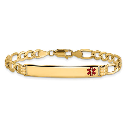 14K Yellow Gold Medical Semi Solid Chain/Solid Plate 37X6mm Off Center Red Enamel Figaro Link 8 Inch Id Bracelet