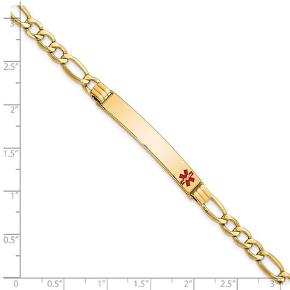 14K Yellow Gold Medical Semi Solid Chain/Solid Plate 37X6mm Off Center Red Enamel Figaro Link 8 Inch Id Bracelet