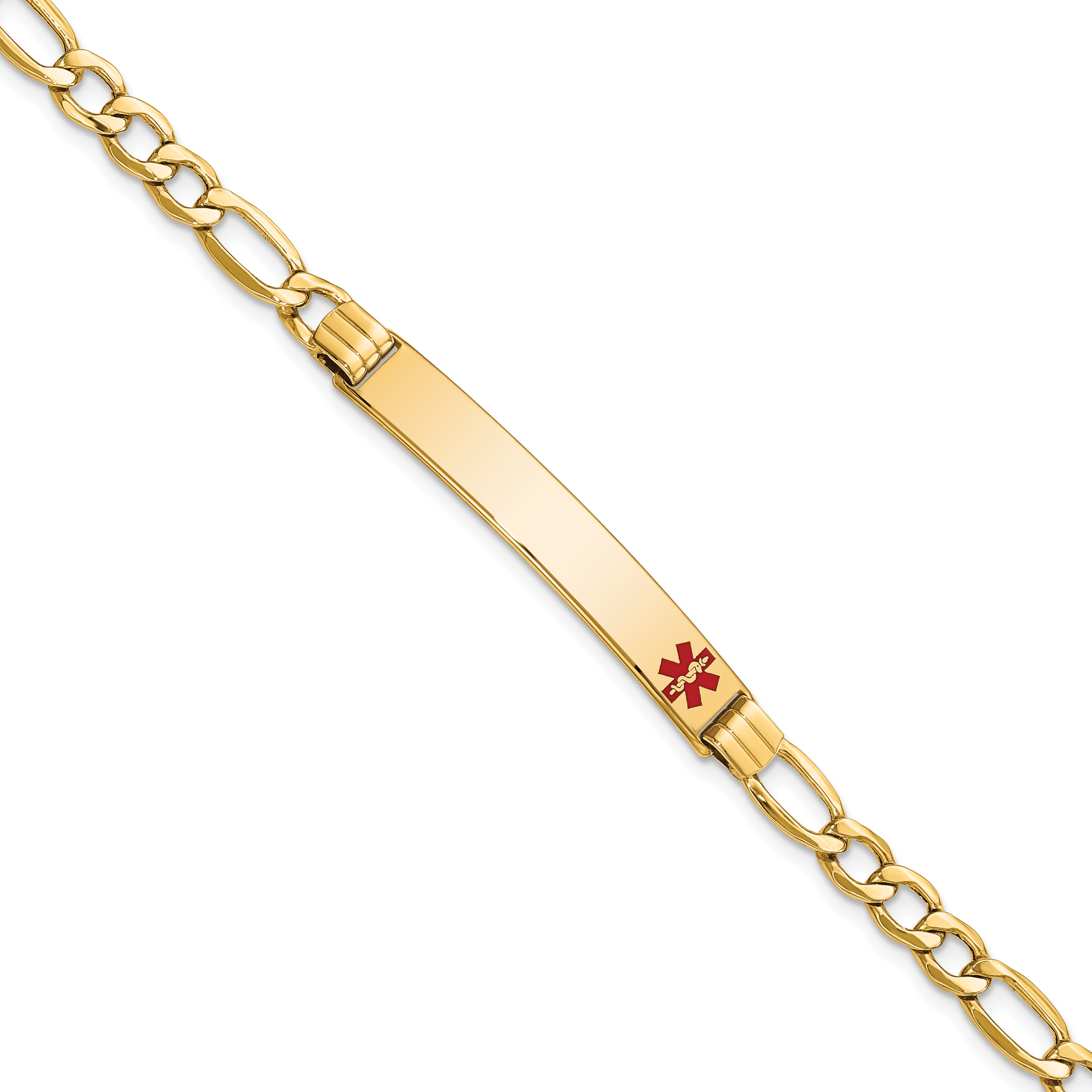 14K Yellow Gold Medical Semi Solid Chain/Solid Plate 37X6mm Off Center Red Enamel Figaro Link 7 Inch Id Bracelet