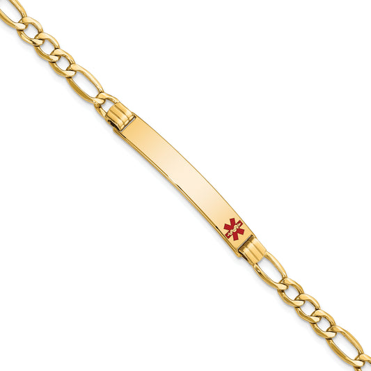 14K Yellow Gold Medical Semi Solid Chain/Solid Plate 37X6mm Off Center Red Enamel Figaro Link 7 Inch Id Bracelet
