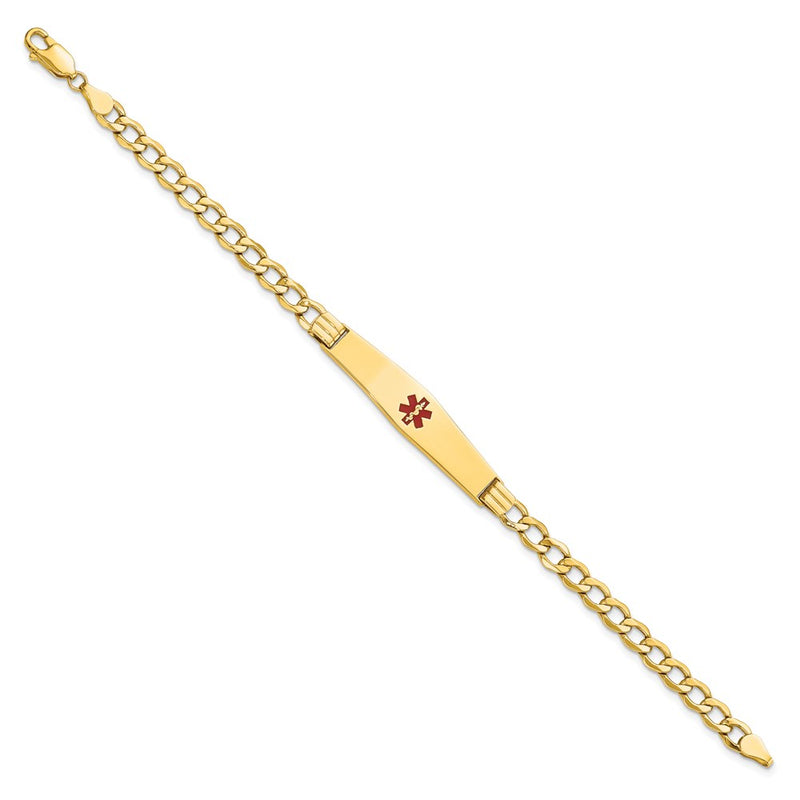 14K Yellow Gold Medical Semi Solid Chain/Solid Plate Soft Diamond Shape 37X9mm Centered Red Enamel Curb Link 8 Inch Id Bracelet