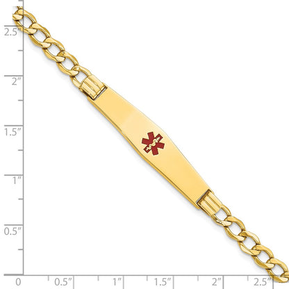 14K Yellow Gold Medical Semi Solid Chain/Solid Plate Soft Diamond Shape 37X9mm Centered Red Enamel Curb Link 8 Inch Id Bracelet