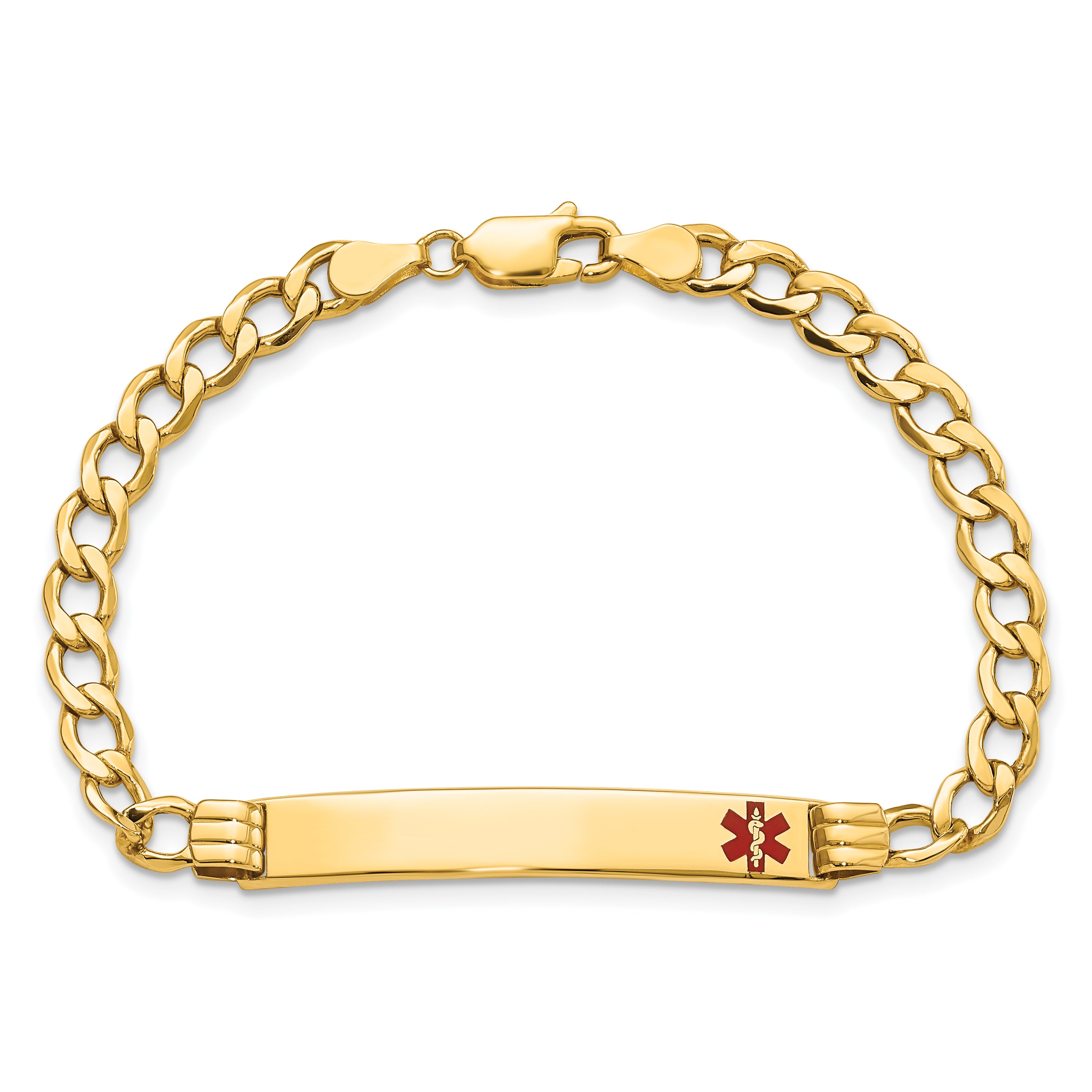 14K Yellow Gold Medical Semi Solid Chain/Solid Plate 37X6mm Off Center Red Enamel Cuban Link 7 Inch Id Bracelet