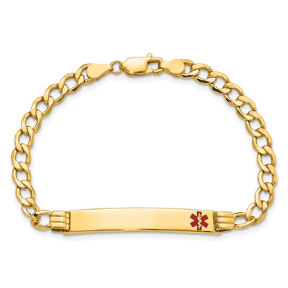14K Yellow Gold Medical Semi Solid Chain/Solid Plate 37X6mm Off Center Red Enamel Cuban Link 7 Inch Id Bracelet