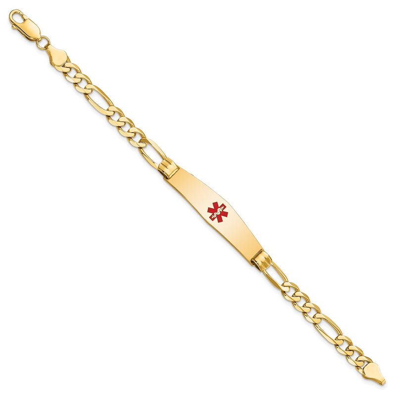 14K Yellow Gold Medical Solid Chain/Solid Plate Soft Diamond Shape 36X9mm Centered Red Enamel Figaro Link 8 Inch Id Bracelet