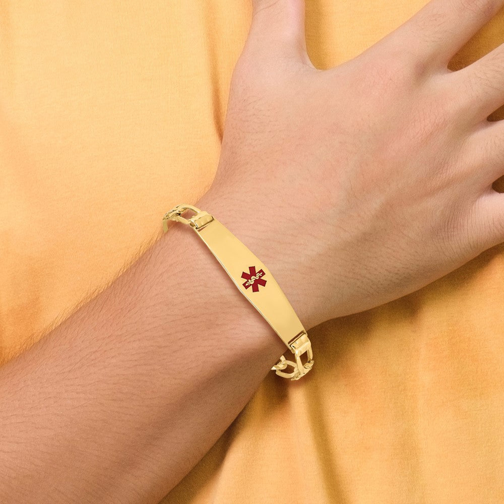 14K Yellow Gold Medical Solid Chain/Solid Plate Soft Diamond Shape 36X9mm Centered Red Enamel Figaro Link 7 Inch Id Bracelet