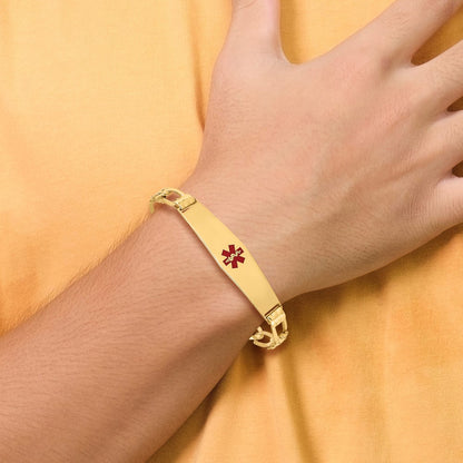 14K Yellow Gold Medical Solid Chain/Solid Plate Soft Diamond Shape 36X9mm Centered Red Enamel Figaro Link 7 Inch Id Bracelet