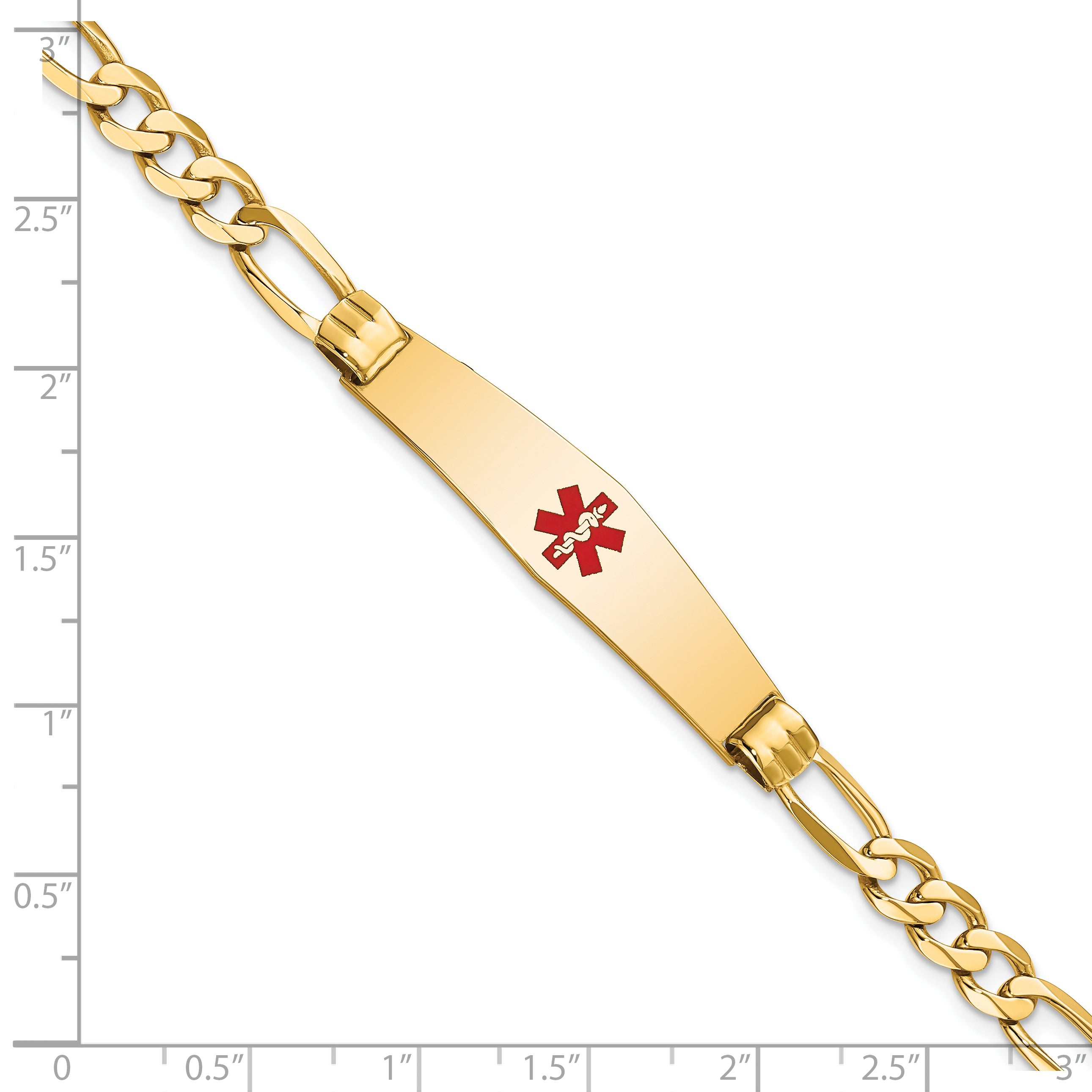 14K Yellow Gold Medical Solid Chain/Solid Plate Soft Diamond Shape 36X9mm Centered Red Enamel Figaro Link 7 Inch Id Bracelet