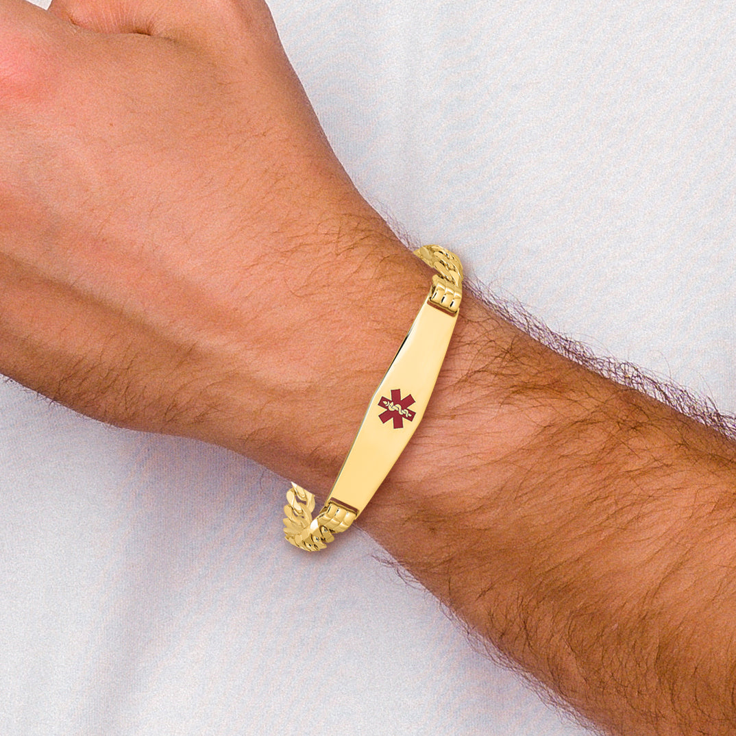 14K Yellow Gold Medical Solid Chain/Solid Plate Soft Diamond Shape 37X9mm Centered Red Enamel Curb Link 7 Inch Id Bracelet