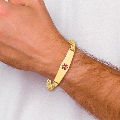 14K Yellow Gold Medical Solid Chain/Solid Plate Soft Diamond Shape 37X9mm Centered Red Enamel Curb Link 8 Inch Id Bracelet