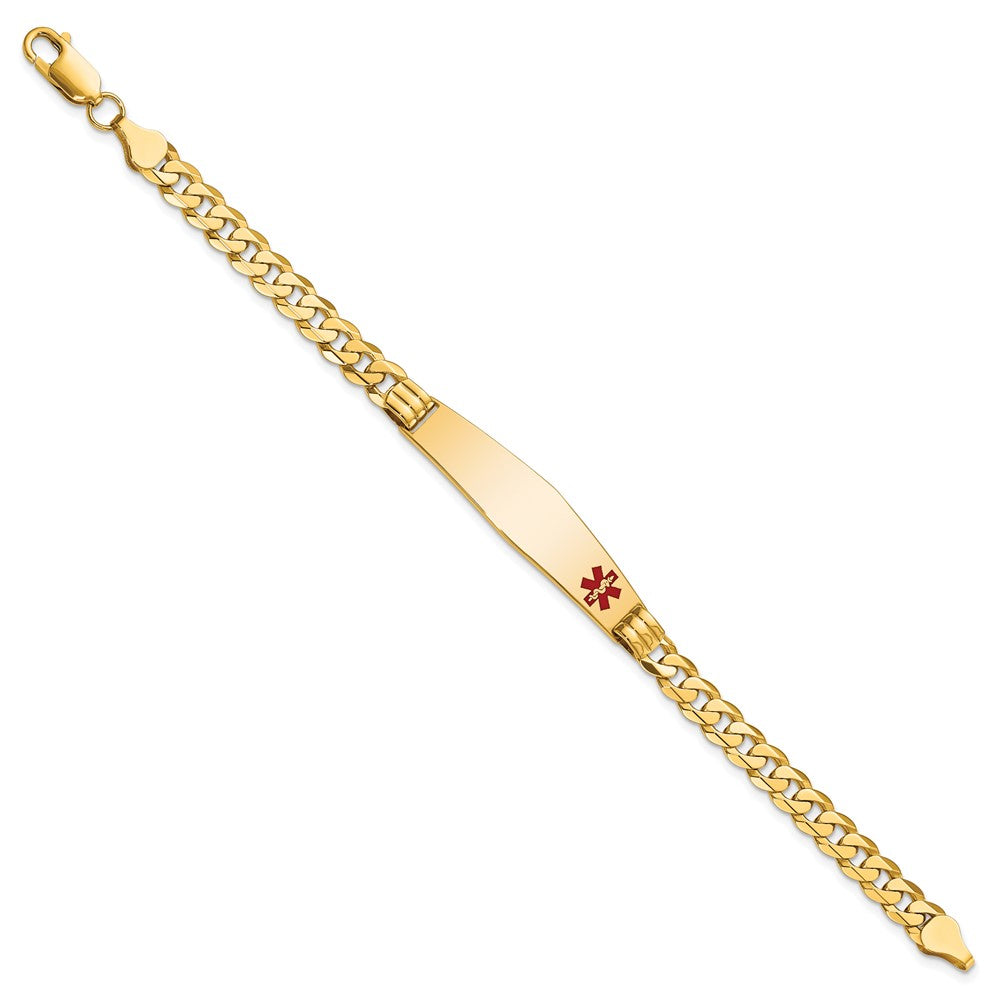 14K Yellow Gold Medical Solid Chain/Solid Plate Soft Diamond Shape 38X9mm Off Center Red Enamel Curb Link 7 Inch Id Bracelet
