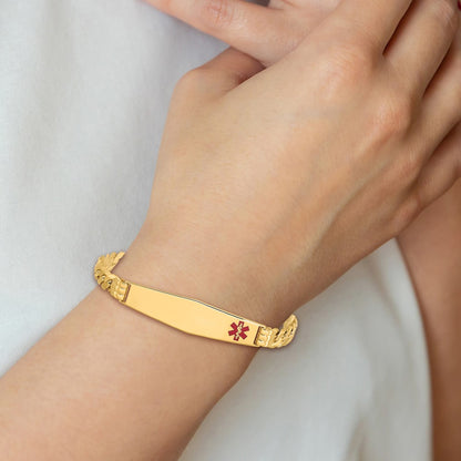 14K Yellow Gold Medical Solid Chain/Solid Plate Soft Diamond Shape 38X9mm Off Center Red Enamel Curb Link 8 Inch Id Bracelet