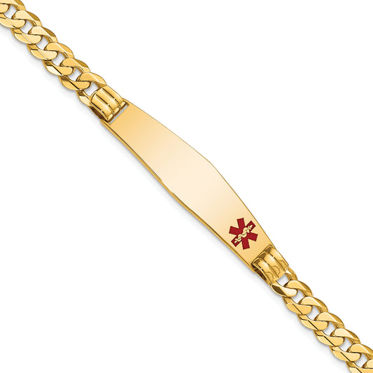 14K Yellow Gold Medical Solid Chain/Solid Plate Soft Diamond Shape 38X9mm Off Center Red Enamel Curb Link 7 Inch Id Bracelet