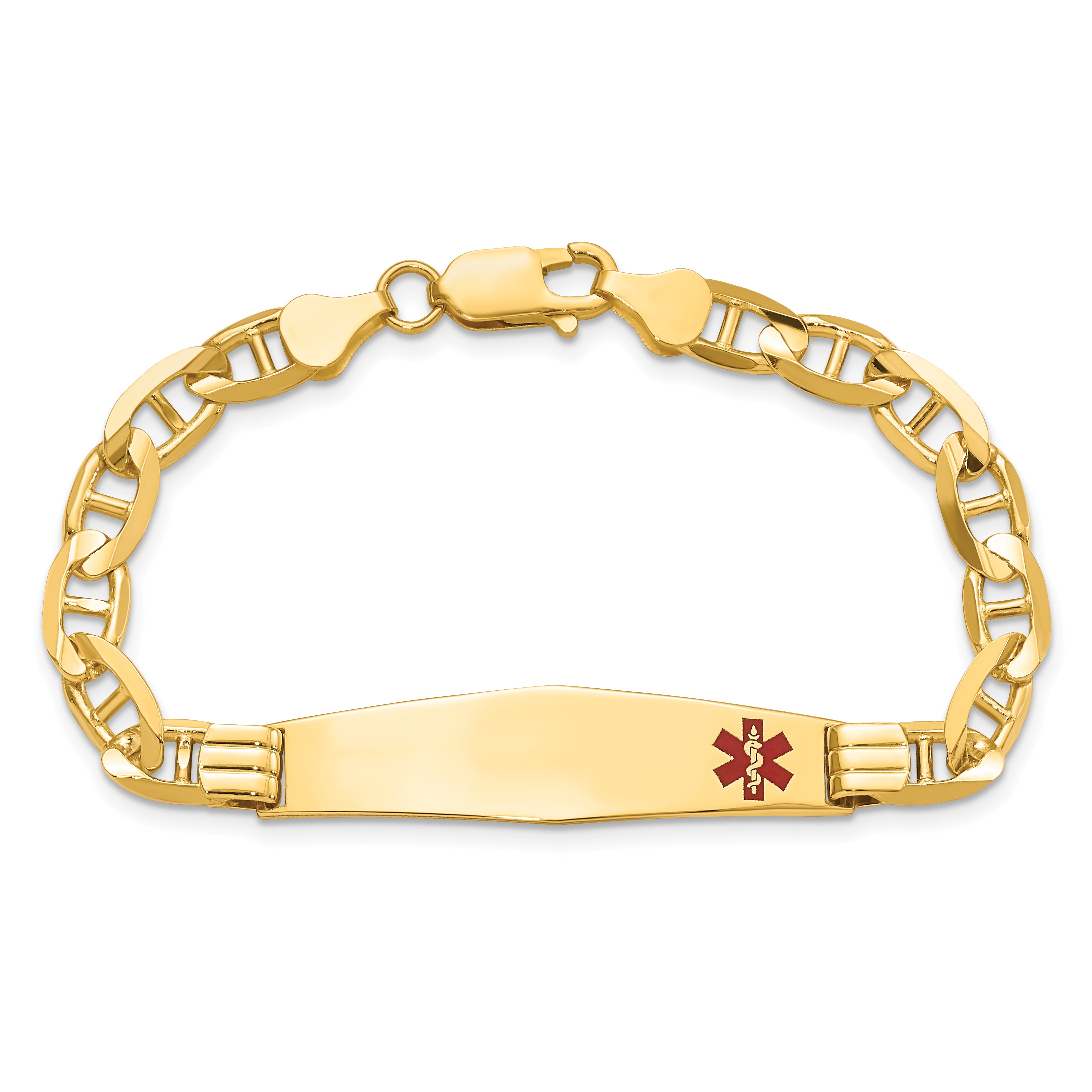 14K Yellow Gold Medical Solid Chain/Solid Plate Soft Diamond Shape 38X9mm Off Center Red Enamel Anchor Link 7 Inch Id Bracelet