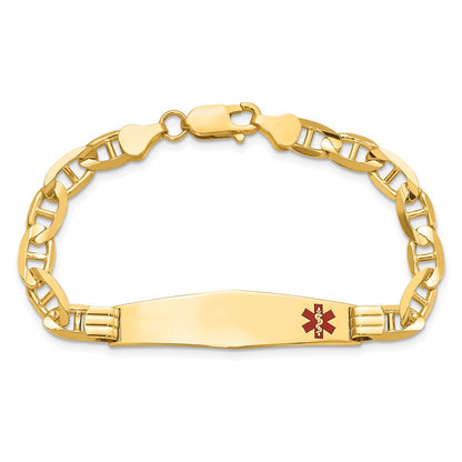 14K Yellow Gold Medical Solid Chain/Solid Plate Soft Diamond Shape 38X9mm Off Center Red Enamel Anchor Link 7 Inch Id Bracelet