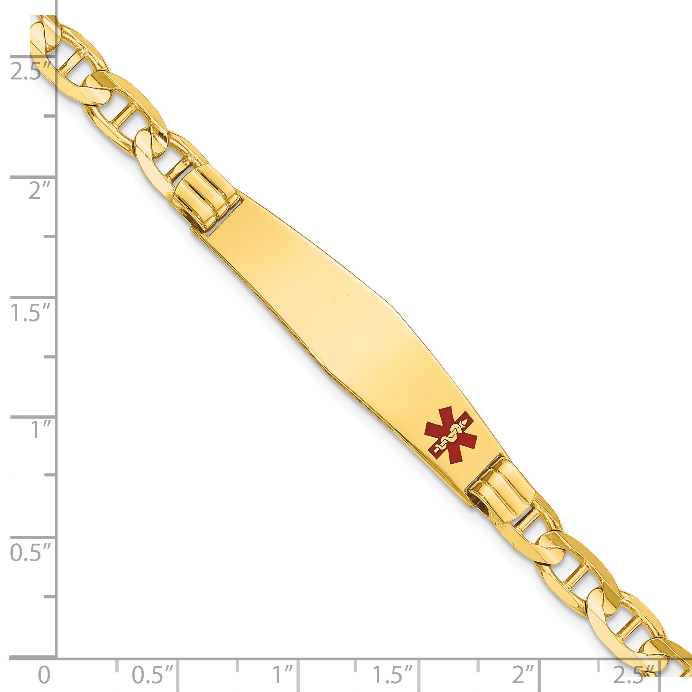 14K Yellow Gold Medical Solid Chain/Solid Plate Soft Diamond Shape 38X9mm Off Center Red Enamel Anchor Link 7 Inch Id Bracelet