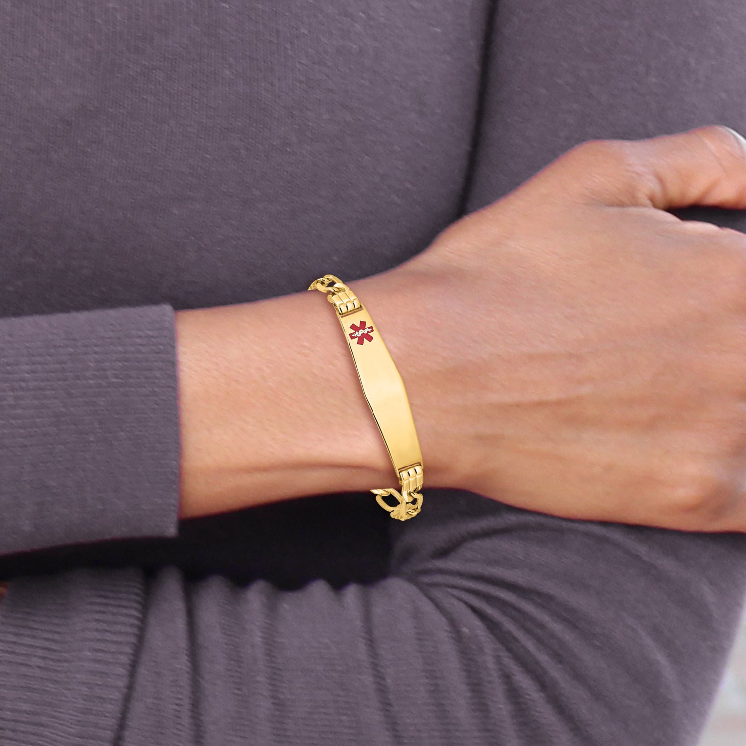 14K Yellow Gold Medical Semi Solid Chain/Solid Plate Soft Diamond Shape 38X9mm Off Center Red Enamel Figaro Link 7 Inch Id Bracelet